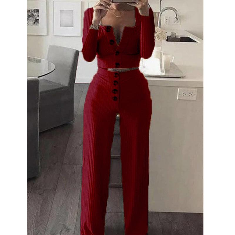 Women‘’s Solid Color Long Sleeve Square Collar Button Casual Suit - PrettyKid