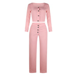 Women‘’s Solid Color Long Sleeve Square Collar Button Casual Suit - PrettyKid