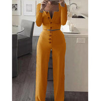 Women‘’s Solid Color Long Sleeve Square Collar Button Casual Suit - PrettyKid