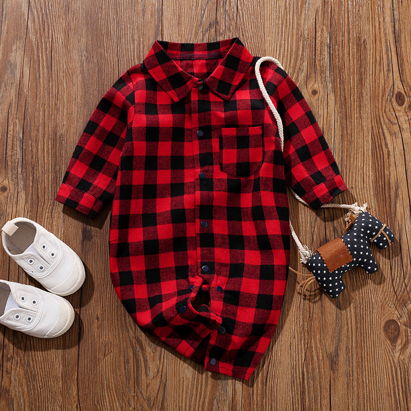 Long Sleeve Baby Plaid Checkered Button-up Pocket Rompers - PrettyKid