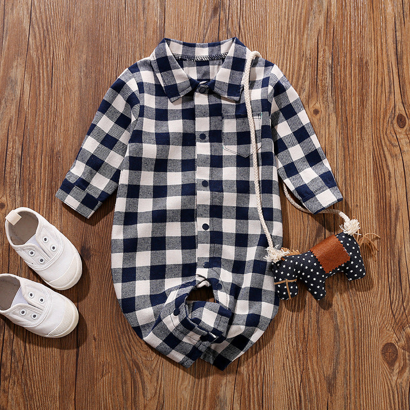 Long Sleeve Baby Plaid Checkered Button-up Pocket Rompers - PrettyKid