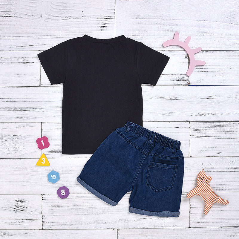 Toddler Boys Round Neck Champion Print Short Sleeve T-shirt Denim Shorts Set - PrettyKid
