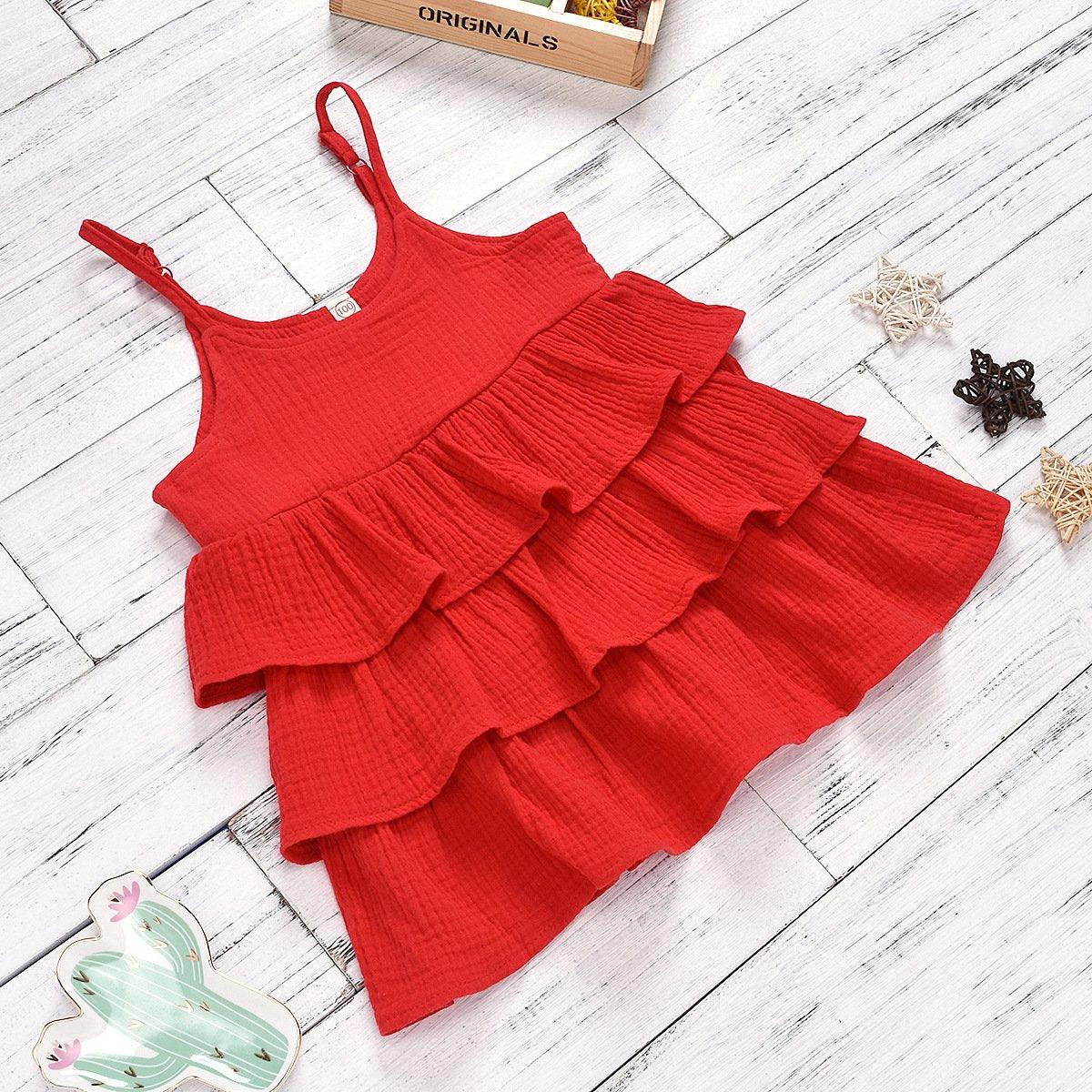 Girls Solid Color Multilayer Cake Princess Dress Suspender Skirt - PrettyKid