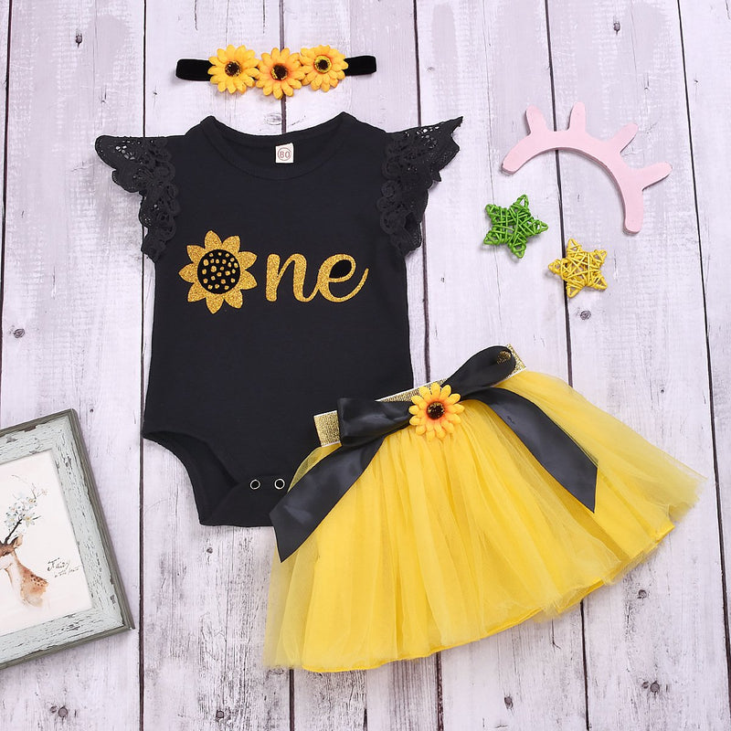 3-Piece Solid Color Letter Print Top & Bow Mesh Skirt - PrettyKid