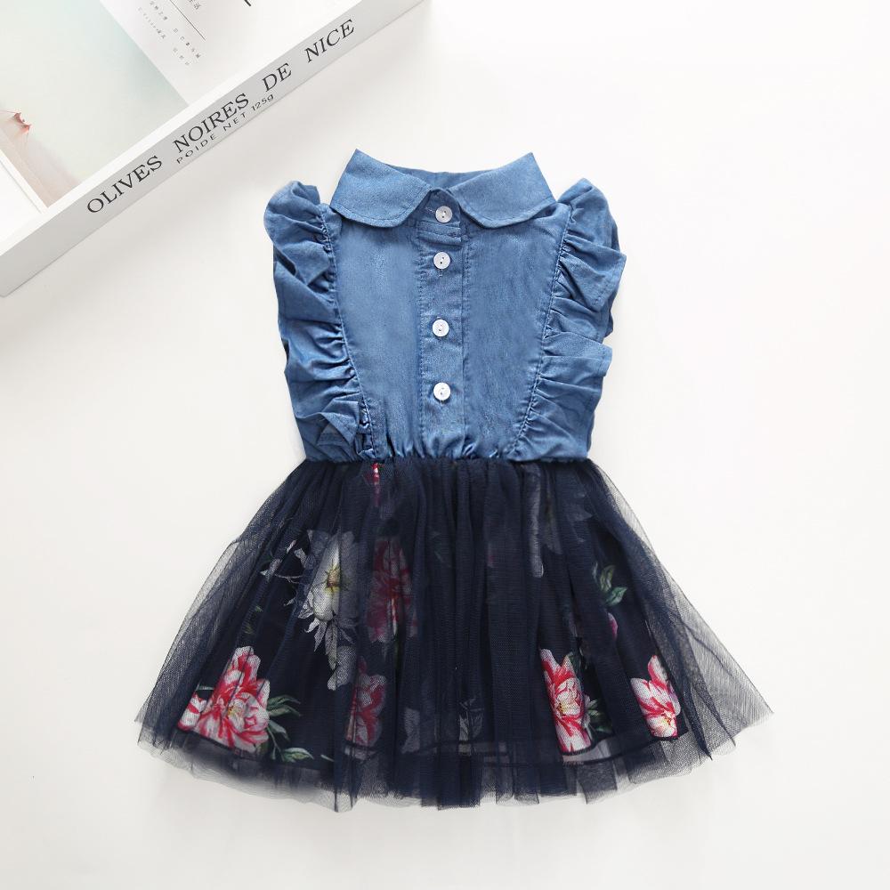 Toddler Girls Denim Button Ruffled Top Mesh Print Princess Dress - PrettyKid