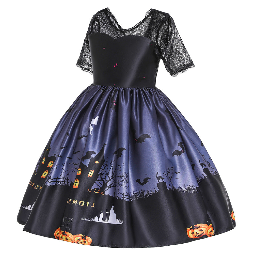Children Kids Halloween Ghost Print Lace Dress Trendy Girl Clothes Wholesale - PrettyKid