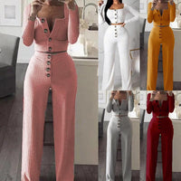 Women‘’s Solid Color Long Sleeve Square Collar Button Casual Suit - PrettyKid