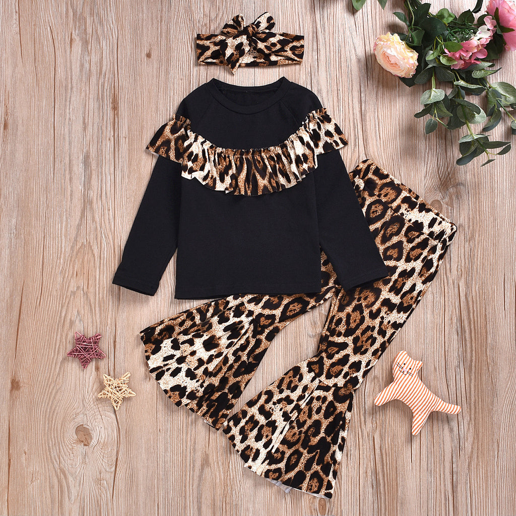 2-piece Ruffle Long Sleeve T-shirt & Leopard Flares for Baby Girl - PrettyKid