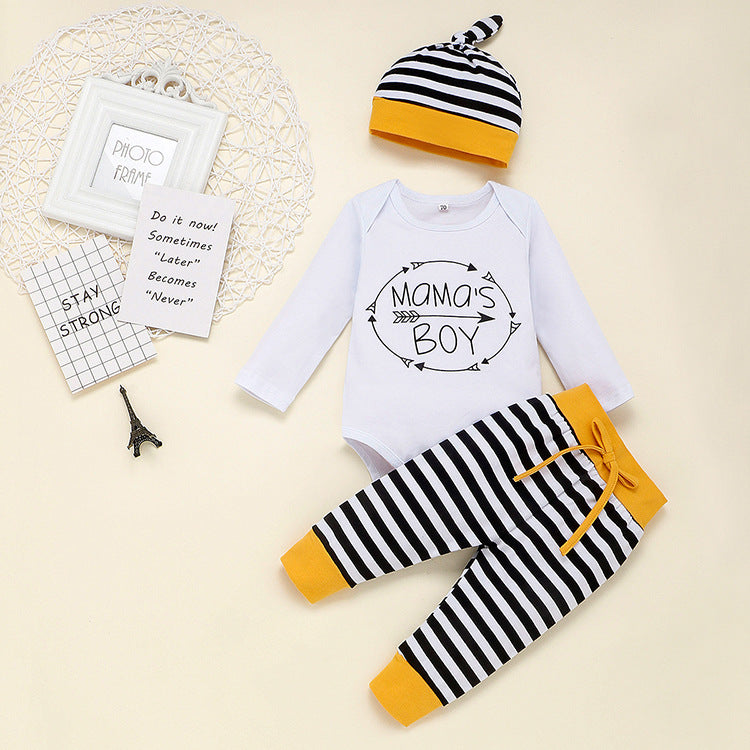 Baby Boys Solid Letter Printed One-piece Striped Pants Hat Set - PrettyKid