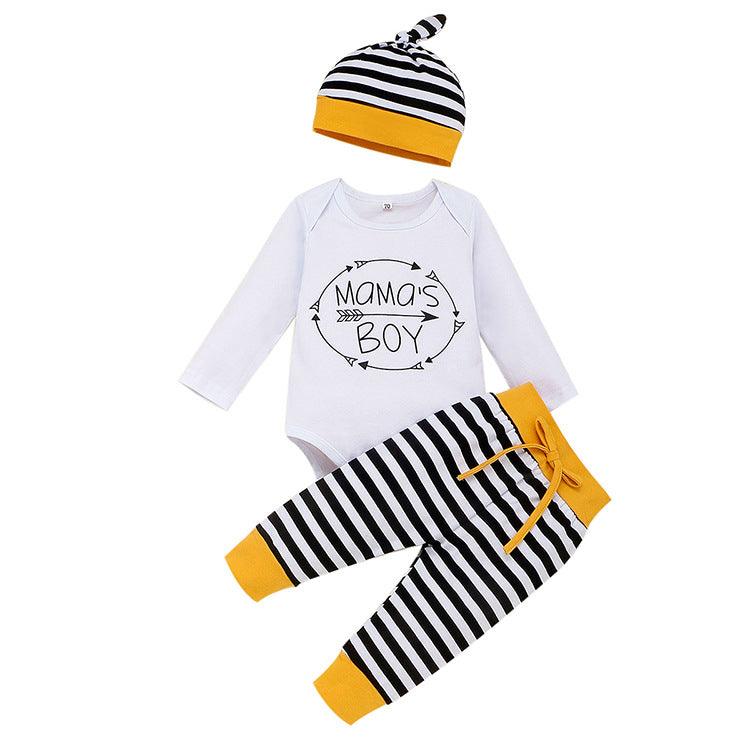 Baby Boys Solid Letter Printed One-piece Striped Pants Hat Set - PrettyKid