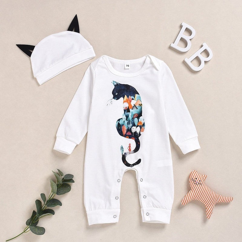 Baby solid color animal print jumpsuit hat two-piece set - PrettyKid