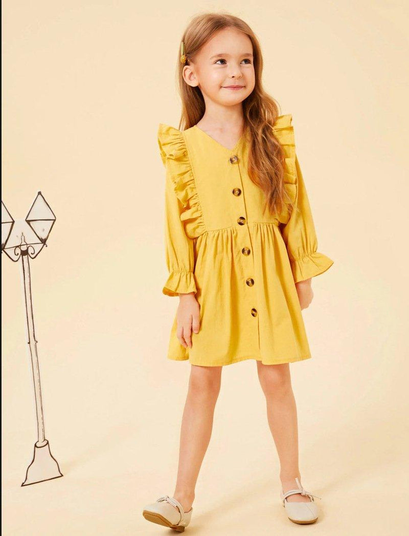 Girl Solid Color Button Ruffle Princess Dress V-Neck Long Sleeve Dress - PrettyKid