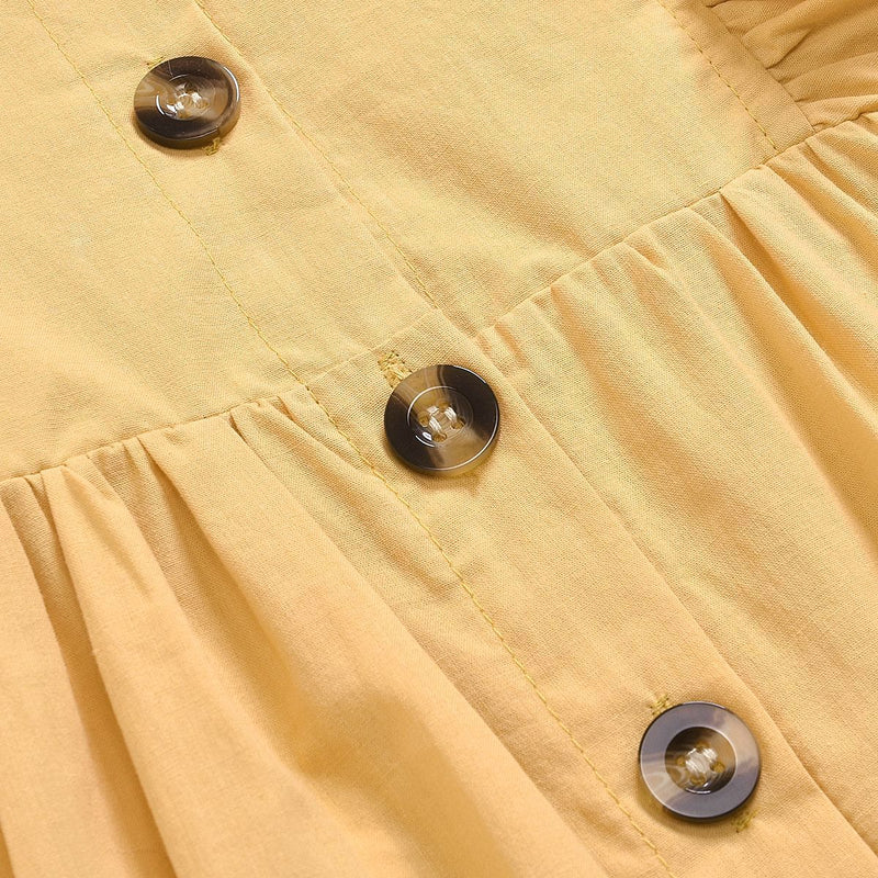 Girl Solid Color Button Ruffle Princess Dress V-Neck Long Sleeve Dress - PrettyKid