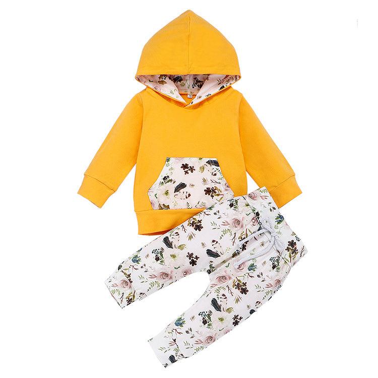 Toddler Girls Solid Long Sleeved Floral Print Long Sleeved Hoodie Set - PrettyKid