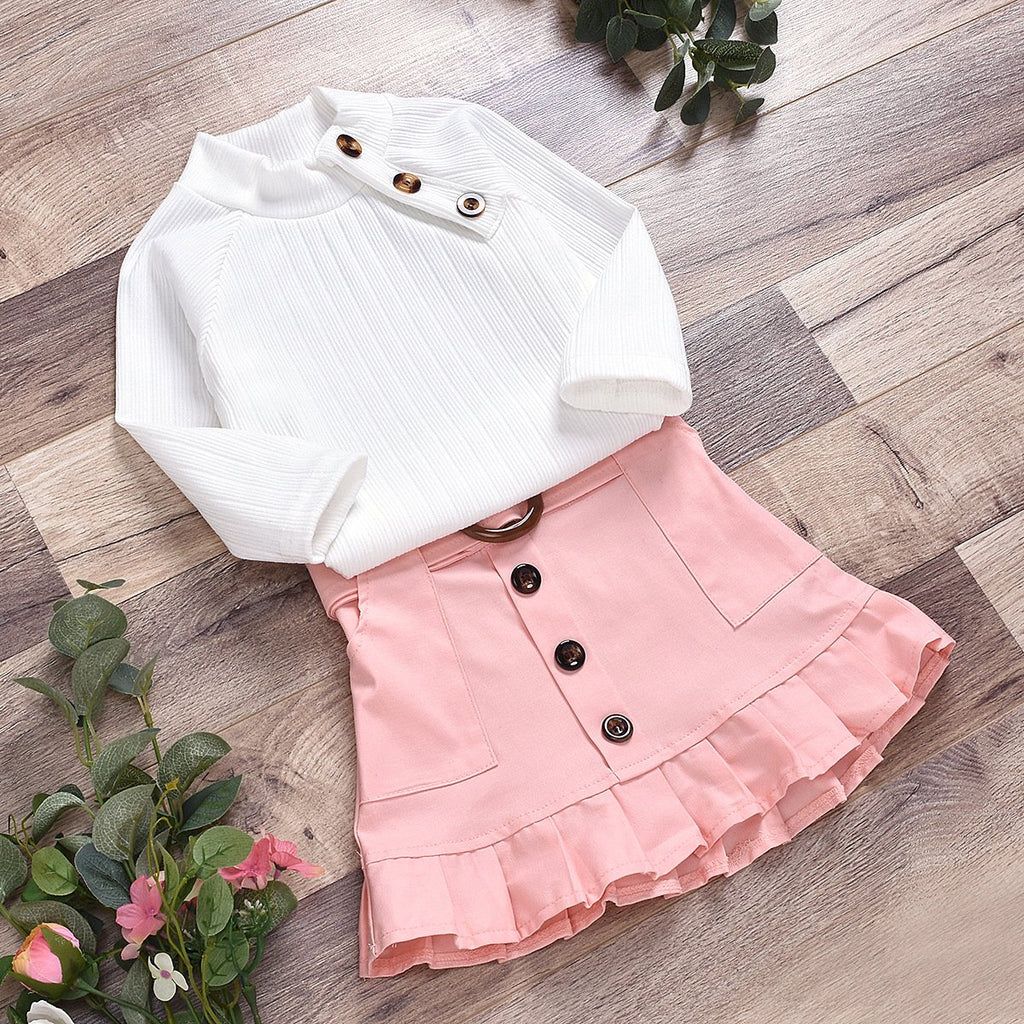 Girls Fashion Turtleneck Button Top Solid Button Skirt - PrettyKid