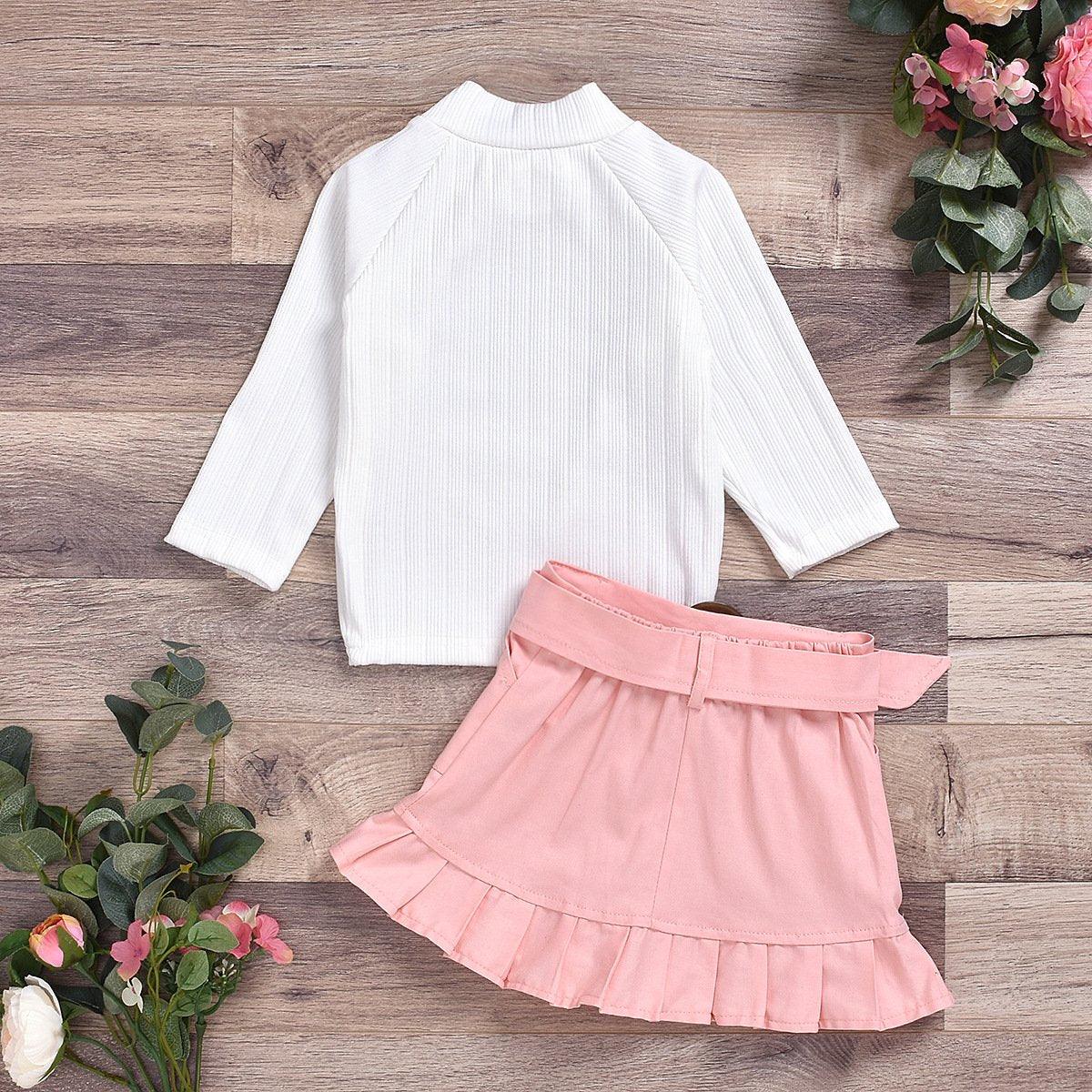 Girls Fashion Turtleneck Button Top Solid Button Skirt - PrettyKid