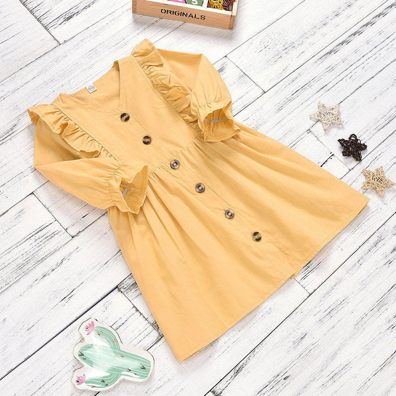 Girl Solid Color Button Ruffle Princess Dress V-Neck Long Sleeve Dress - PrettyKid