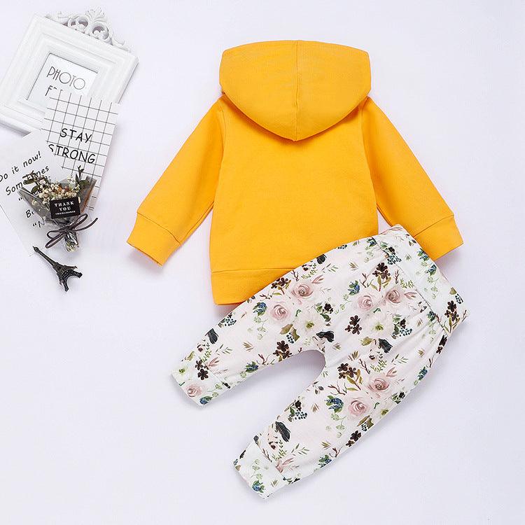 Toddler Girls Solid Long Sleeved Floral Print Long Sleeved Hoodie Set - PrettyKid