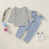 Toddler Boys Girls Long Sleeved Striped Top Denim Suspenders Strappy Pants Two Piece Set Kids Designer Wholesale - PrettyKid