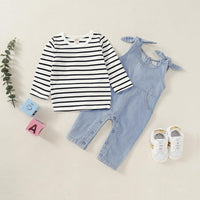 Toddler Boys Girls Long Sleeved Striped Top Denim Suspenders Strappy Pants Two Piece Set Kids Designer Wholesale - PrettyKid