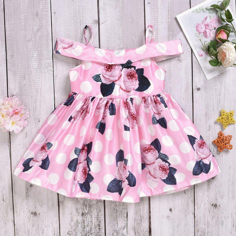 Girls Print Flower Pleated Suspender Dress Off Shoulder Princess Dress - PrettyKid