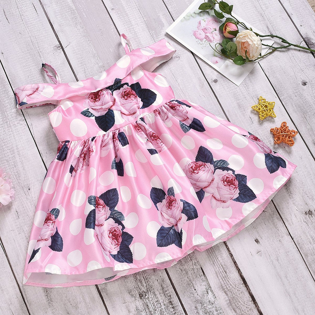 Girls Print Flower Pleated Suspender Dress Off Shoulder Princess Dress - PrettyKid
