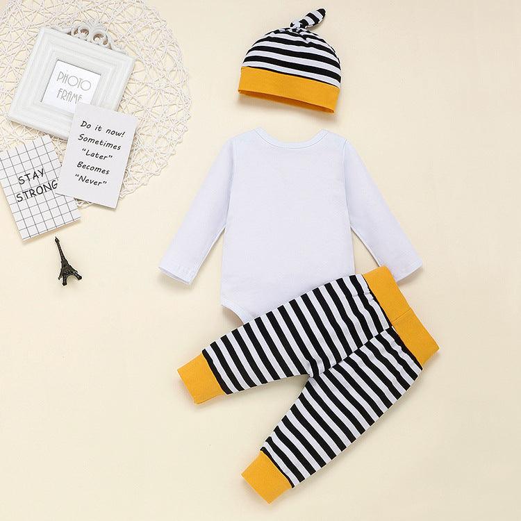 Baby Boys Solid Letter Printed One-piece Striped Pants Hat Set - PrettyKid