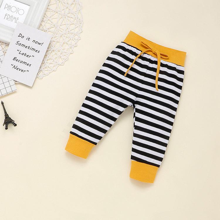 Baby Boys Solid Letter Printed One-piece Striped Pants Hat Set - PrettyKid