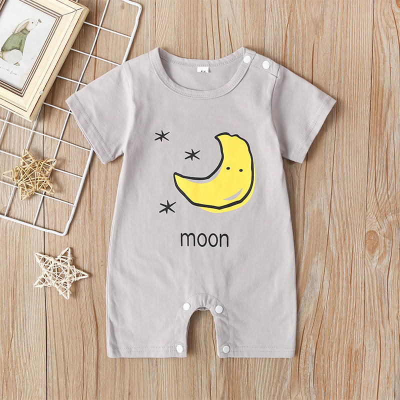 Baby Boys Girls Solid Color Cartoon Printed Short Sleeve Round Neck Jumpsuit - PrettyKid