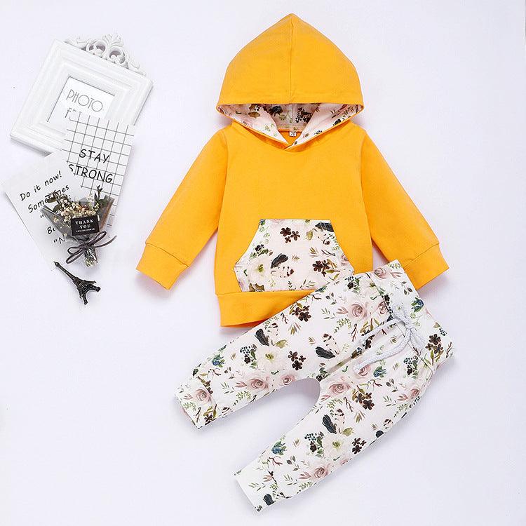 Toddler Girls Solid Long Sleeved Floral Print Long Sleeved Hoodie Set - PrettyKid