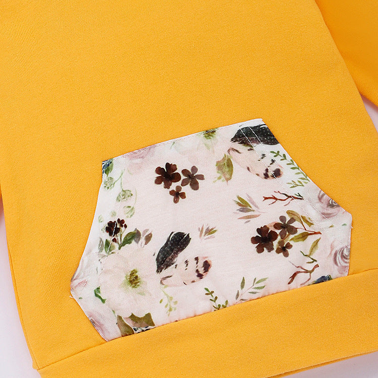 Toddler Girls Solid Long Sleeved Floral Print Long Sleeved Hoodie Set - PrettyKid