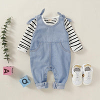 Toddler Boys Girls Long Sleeved Striped Top Denim Suspenders Strappy Pants Two Piece Set Kids Designer Wholesale - PrettyKid