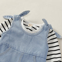 Toddler Boys Girls Long Sleeved Striped Top Denim Suspenders Strappy Pants Two Piece Set Kids Designer Wholesale - PrettyKid