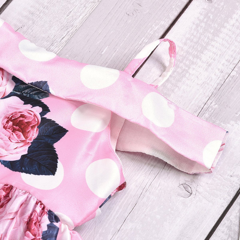 Girls Print Flower Pleated Suspender Dress Off Shoulder Princess Dress - PrettyKid