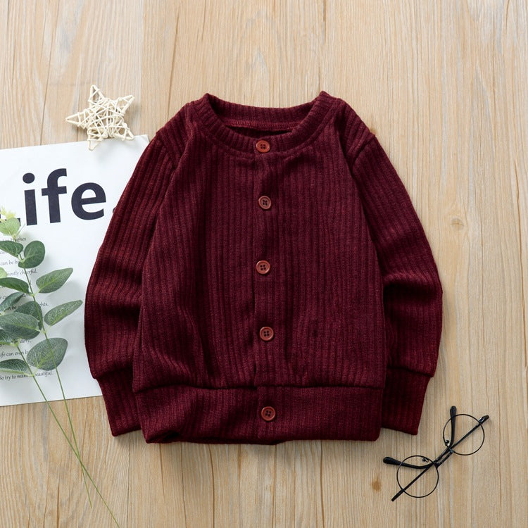 Children Solid Color Button Knitted Sweater Cardigan Coat - PrettyKid