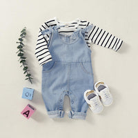 Toddler Boys Girls Long Sleeved Striped Top Denim Suspenders Strappy Pants Two Piece Set Kids Designer Wholesale - PrettyKid