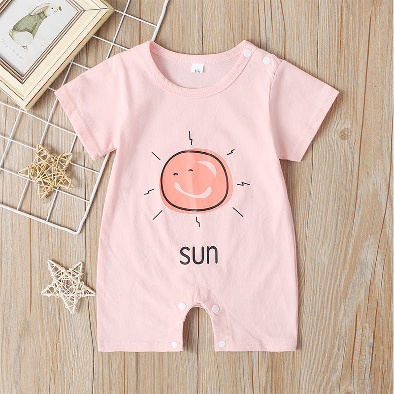 Baby Boys Girls Solid Color Cartoon Printed Short Sleeve Round Neck Jumpsuit - PrettyKid