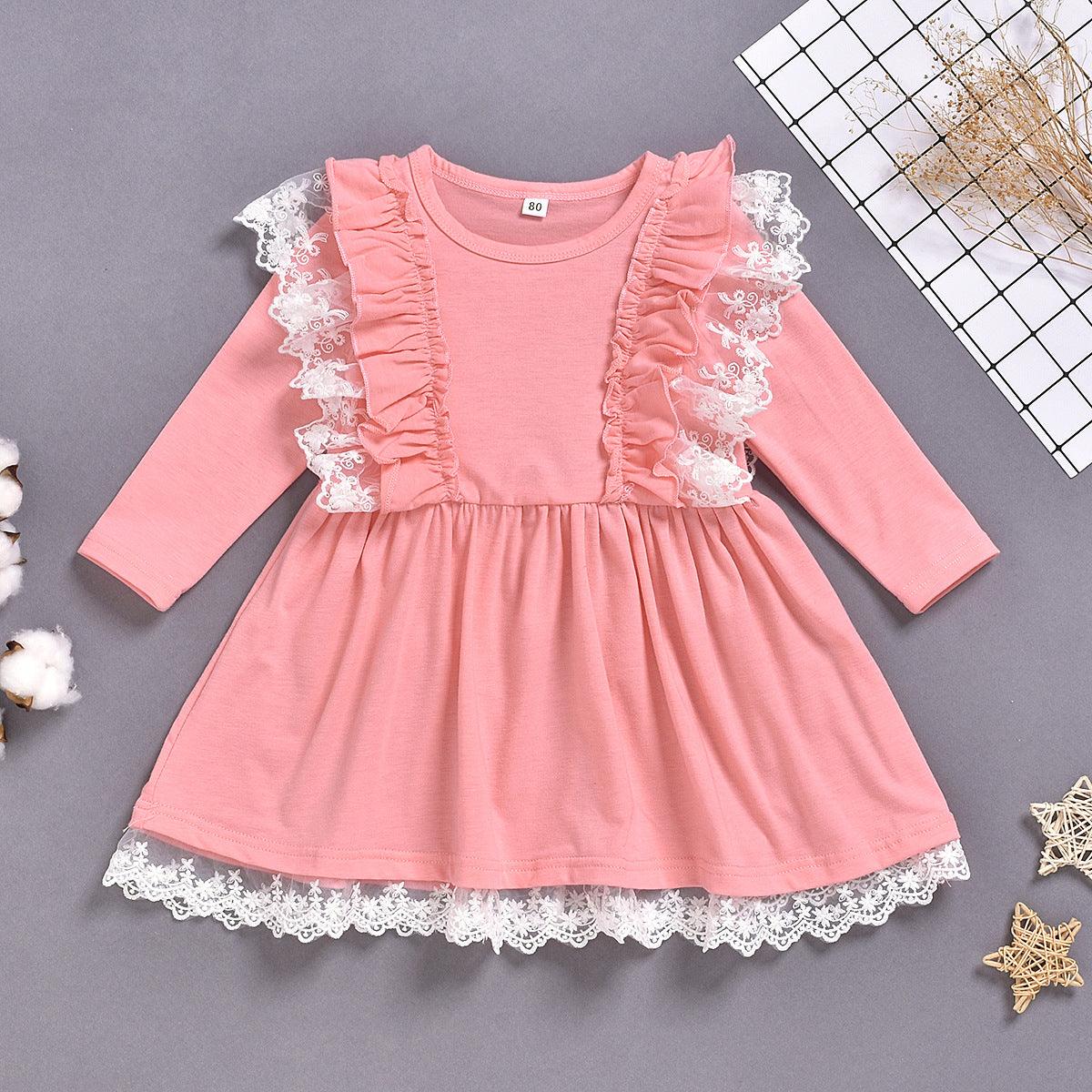 Toddler kids girls' lace solid long-sleeved dress - PrettyKid