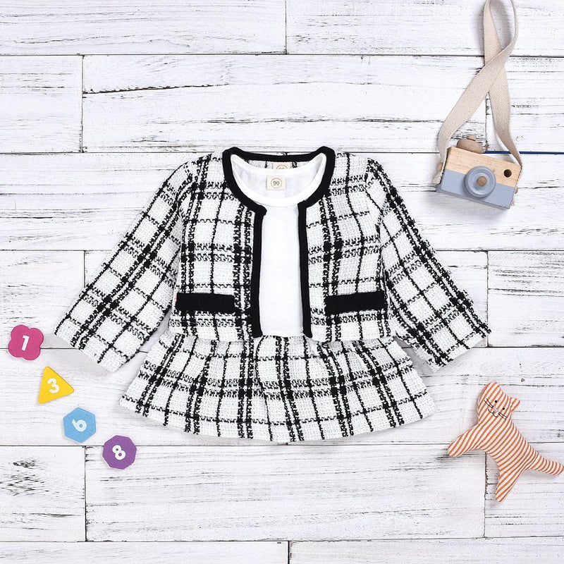 Toddler Kids Girls' Plaid Coat + Dress Long Sleeve Suit - PrettyKid