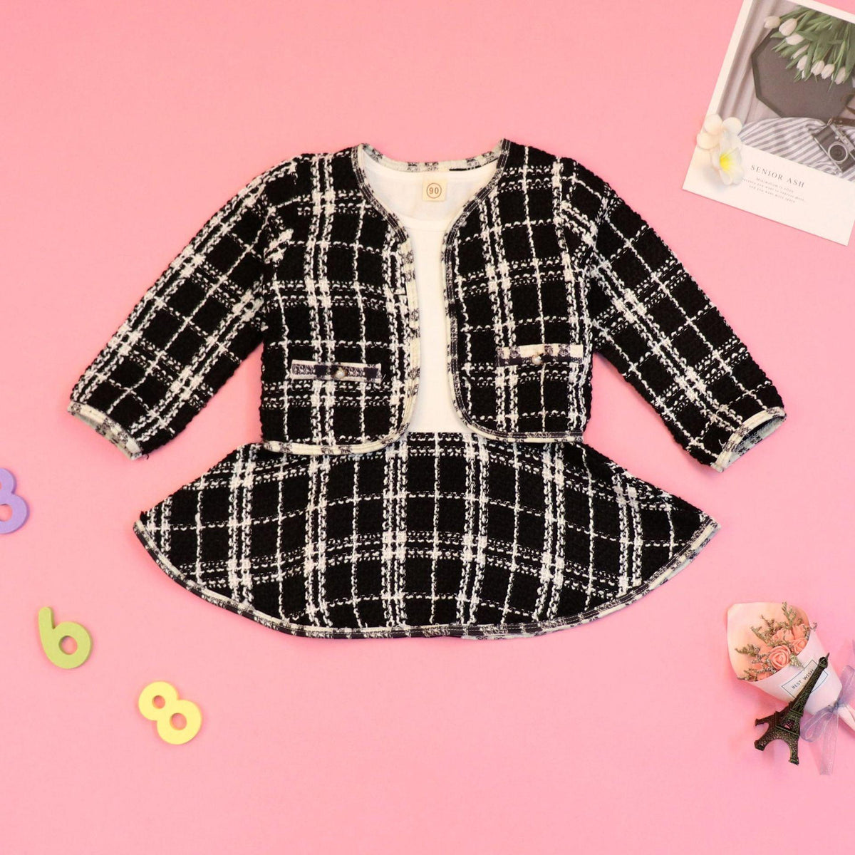 Toddler Kids Girls' Plaid Coat + Dress Long Sleeve Suit - PrettyKid