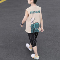 Boy Letter Print Loose Tank & Striped Knee Length Shorts - PrettyKid