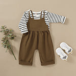 Toddler Kids Girls Knitted Cotton Stripe Long Sleeve Top Woven Suspender Pants Set - PrettyKid