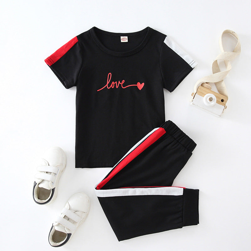 Colorblock Love Print T-Shirt And Sweatpants Toddler Girl Sets - PrettyKid