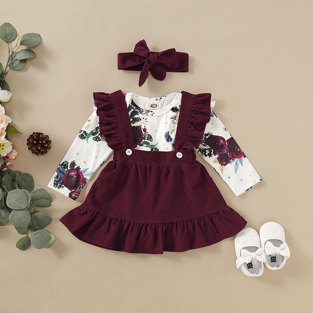 Baby Girls Floral Print Ruffle Jumpsuit Solid Color Straps Dress Set - PrettyKid