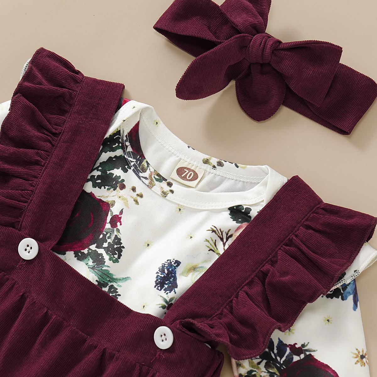 Baby Girls Floral Print Ruffle Jumpsuit Solid Color Straps Dress Set - PrettyKid