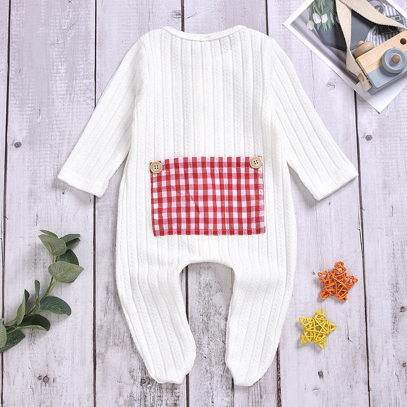 Baby Boys Girls Cotton Knitted Plaid Pocket Solid Long Sleeve Jumpsuit - PrettyKid