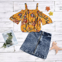 Girls Fashion Print Suspender Top And Zipper Denim Skirt - PrettyKid