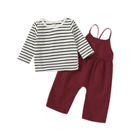 Toddler Kids Girls Knitted Cotton Stripe Long Sleeve Top Woven Suspender Pants Set - PrettyKid