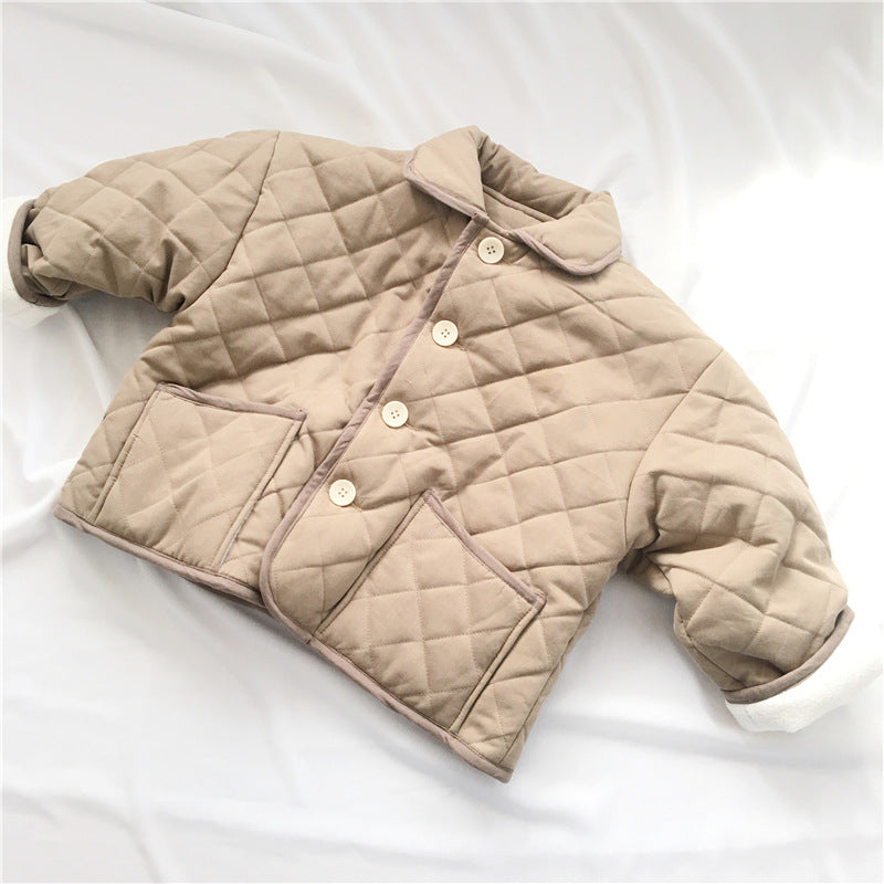 Toddler Kids Solid Color Diamond Check Lapel Long Sleeve Button Jacket - PrettyKid