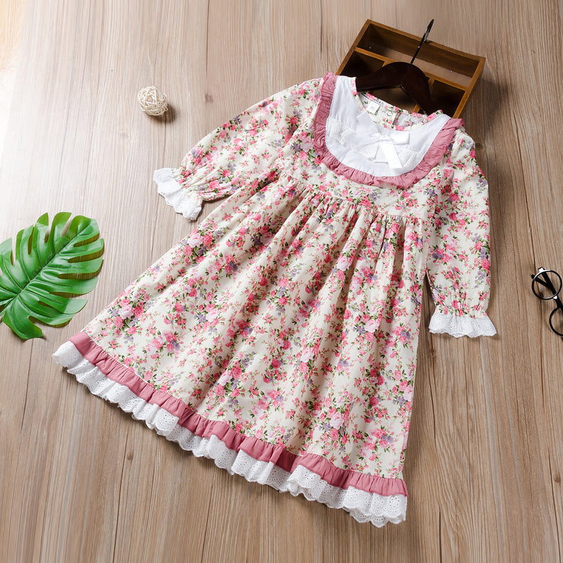 Toddler kids girls' lace floral long sleeve dress - PrettyKid